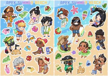 1other 6+boys 6+girls ambiguous_gender animal animal_on_head animification apex_legends aqua_capelet ball bangalore_(apex_legends) beach beachball beard bikini bird bird_on_head black_hair bloodhound_(apex_legends) blue_eyes blue_hair blue_shirt blue_swim_trunks braid brown_eyes brown_hair capelet catalyst_(apex_legends) chibi coconut_cup conch conduit_(apex_legends) cropped_shirt crossed_arms crow crypto_(apex_legends) cup d.o.c._health_drone dark-skinned_female dark-skinned_male dark_skin diving_suit dreadlocks drinking_straw face_piercing facial_hair flower flower_necklace folding_fan food fruit fuse_(apex_legends) garra_de_alanza goggles goggles_on_head green_hair grey_hair grey_shirt grey_shorts guitar hair_bun hand_fan hat holding holding_fan holding_tray horizon_(apex_legends) innertube instrument jacket jewelry korean_commentary life_vest lifeline_(apex_legends) lip_piercing loba_(apex_legends) looking_to_the_side mask mechanical_arms mechanical_legs mirage_(apex_legends) mouth_mask multicolored_hair multiple_boys multiple_girls music mustache namjak navel necklace nessie_(respawn) newcastle_(apex_legends) non-humanoid_robot octane_(apex_legends) on_head one_eye_closed one_eye_covered orange_vest piercing pink_bikini playing_instrument purple_bikini red_flower red_hair robot sand_castle sand_sculpture seashell seaweed seer_(apex_legends) shell shirt shorts single_hair_bun single_mechanical_arm skirt smile soul_patch straw_hat streaked_hair stuffed_toy summer sunglasses swim_ring swimsuit topless_male tray twin_braids two-tone_hair undercut v-shaped_eyebrows valkyrie_(apex_legends) vest visor_cap water watermelon watermelon_slice wattson_(apex_legends) whistle whistle_around_neck white_jacket wraith_(apex_legends) yellow_bikini yellow_skirt