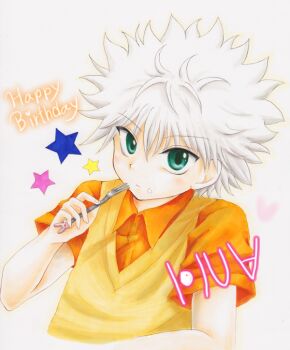 1boy closed_mouth collared_shirt commentary_request cropped_torso food food_on_face fork green_eyes happy_birthday heart holding holding_fork hunter_x_hunter ichiha_sanami killua_zoldyck looking_at_viewer male_focus marker_(medium) orange_shirt shirt short_hair short_sleeves simple_background solo spiked_hair star_(symbol) sweater_vest traditional_media white_background white_hair wing_collar yellow_sweater_vest