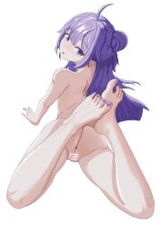 Rule 34 | 1girl, ass, azur lane, barefoot, feet, highres, light blush, long hair, looking at viewer, looking back, lying, nude, on stomach, parted lips, purple eyes, purple hair, pussy, toes, unicorn (azur lane), white background