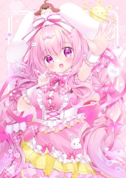 1girl animal_ears blush bow bow_hair_ornament breasts chiika_(cure_cherish) commission dress frilled_dress frills hair_bow hair_ornament heart long_hair looking_at_viewer open_mouth original pink_bow pink_dress pink_eyes pink_hair rabbit_ears rabbit_hair_ornament ribbon short_sleeves skeb_commission smile solo very_long_hair wrist_cuffs yume_kawaii