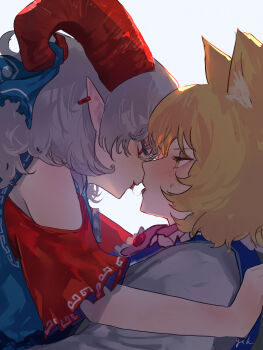 2girls animal_ears bare_shoulders blonde_hair blue_dress blue_tabard blush commentary_request dress ear_piercing eneshi eye_contact fox_ears fox_girl from_side grey_hair hair_between_eyes highres horn_ornament horn_ribbon horns looking_at_another multiple_girls parted_lips piercing pointy_ears red_eyes red_horns red_sleeves ribbon saliva saliva_trail sheep_horns short_hair simple_background tabard tongue touhou toutetsu_yuuma white_background white_dress yakumo_ran yellow_eyes yuri