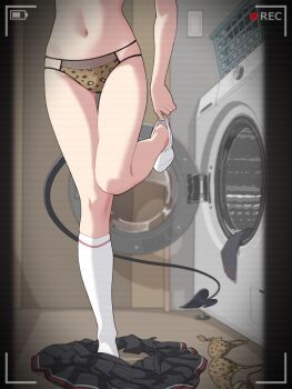 1girl black_skirt blue_archive bra commentary_request demon_tail erika_(blue_archive) kneehighs lower_body navel paid_reward_available panties pleated_skirt recording skirt socks solo special_cat standing standing_on_one_leg tail underwear undressing viewfinder washing_machine white_socks