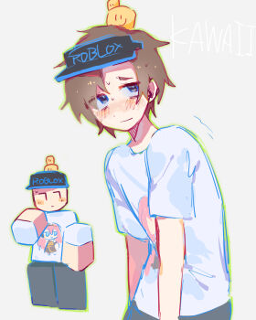 007n7_(roblox) 1boy animification arms_at_sides black_hat blue_eyes blue_trim blush brown_hair character_hat character_print character_request check_character closed_mouth clothes_writing commentary_request copyright_name cowboy_shot eyes_visible_through_hair forsaken_(roblox) frion622 green_outline grey_background grey_pants hat highres hunched_over male_focus megurine_luka nervous nervous_sweating noob_(roblox) nose_blush outline pants raised_inner_eyebrows roblox shirt short_hair simple_background solo standing sweat t-shirt upturned_eyes visor_cap vocaloid white_shirt