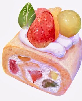 Rule 34 | commentary request, cream, dessert, food, food focus, french text, fruit, fruit sandwich, leaf, montaro 810, no humans, original, still life, strawberry, white background