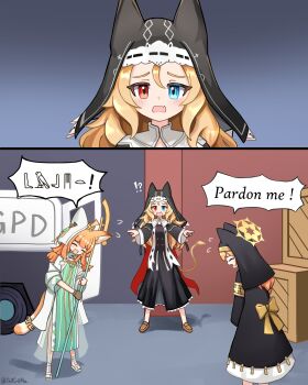 Rule 34 | 3girls, absurdres, animal ear fluff, animal ear headwear, animal ears, archetto (arknights), archetto (glory of the devout) (arknights), arknights, black dress, black veil, blue archive, blue eyes, blush, cat ears, cat girl, cat tail, coif, commentary request, crate, dress, ears under headwear, fake animal ears, gloves, green dress, hair between eyes, halo, heterochromia, hieroglyphics, highres, holding, holding staff, lion tail, long hair, long sleeves, look-alike, mari (blue archive), meme, mini tiara, multiple girls, nun, official alternate costume, open mouth, orange hair, orange tail, papyrus (arknights), pointing, pointing spider-man (meme), red eyes, single glove, staff, tail, tail ornament, tail ring, th3cr0ma, tiara, veil, yellow halo