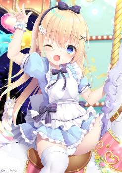 1girl absurdres alice_(alice_in_wonderland) alice&#039;s_adventures_in_wonderland apron arm_up blonde_hair blue_dress blue_eyes blue_panties bow cameltoe card carousel dress female_focus hair_bow hair_ornament highres loli long_hair looking_at_viewer one_eye_closed open_mouth original panties pantyshot playing_card polka_dot polka_dot_panties ribbon riding short_dress short_sleeves sitting smile solo spread_legs straddling thighhighs thighs underwear upskirt waving white_apron white_thighhighs wrist_cuffs yukimura_usagi