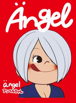 Rule 34 | 1girl, :q, angel (kof), blue eyes, breasts, cleavage, cropped jacket, hair over one eye, highres, jacket, large breasts, leather, leather jacket, parody, peko-chan, short hair, simple background, smile, snk, solo, st.germain-sal, the king of fighters, tongue, tongue out, white hair