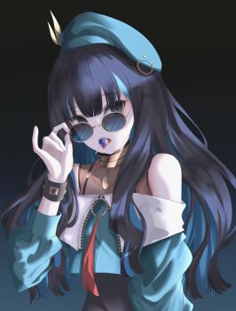 1girl bare_shoulders beret black_hair black_shorts blue_hair bracelet breasts candy colored_inner_hair eyeliner fate/grand_order fate_(series) food green_hat green_jacket grey_eyes hat highres jacket jewelry lollipop long_hair long_sleeves looking_at_viewer makeup multicolored_hair neck_ring o-ring off_shoulder open_mouth pitohui_mekirin round_eyewear shorts sidelocks small_breasts solo sunglasses tenochtitlan_(fate) tenochtitlan_(second_ascension)_(fate) tongue tongue_out zipper