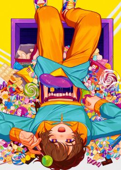 1boy absurdres adk-em bag_of_chips bandai bandai_namco blue_hoodie blush body_horror breasts brown_hair candy candy_cane chest_mouth chinese_commentary chips_(food) chocolate chocolate_bar clothing_cutout diamond_(shape) donut extra_mouth food heart highres holding holding_candy holding_food holding_lollipop hood hoodie inoue_shouma ishimori_prod kamen_rider kamen_rider_gavv_(series) lollipop long_hair male_focus marshmallow max_(2n4_6h8) navel notice_lines open_mouth pants potato_chips purple_eyes short_hair shouma_(kamen_rider_gavv) shouma_stomach signature smile star_(symbol) stomach_cutout sweets swirl_lollipop toei_company tokusatsu tongue tongue_out tv_asahi two-tone_hoodie upside-down yellow_pants