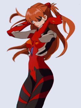 1girl bad_id bad_twitter_id black_bodysuit bodysuit breasts brown_hair eyepatch highres interface_headset_(evangelion) long_hair looking_to_the_side mecha_pilot_suit multicolored_bodysuit neon_genesis_evangelion plugsuit_(evangelion) rebuild_of_evangelion red_bodysuit simple_background solo souryuu_asuka_langley standing swirl9017 white_background wide_hips
