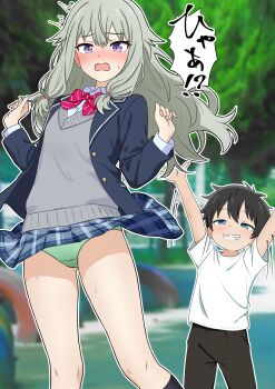 1boy 1girl ayafuya-p black_hair black_jacket black_pants blazer blue_eyes blue_skirt blush bow bowtie breasts child clothes_lift collared_shirt commentary_request commission crotch_seam diagonal-striped_bow diagonal-striped_bowtie diagonal-striped_clothes double-parted_bangs embarrassed feet_out_of_frame green_panties grey_hair grey_sweater grin highres jacket kusanagi_nene layered_sleeves lifting_another's_clothes long_hair long_sleeves miniskirt nose_blush open_clothes open_jacket open_mouth outline panties pants pervert photo_background pixiv_commission plaid_clothes plaid_skirt pleated_skirt project_sekai purple_eyes red_bow red_bowtie school_uniform shirt short_hair skirt skirt_flip skirt_lift smile striped_bow striped_bowtie striped_clothes sweat sweater underwear v-neck very_short_hair white_outline white_shirt