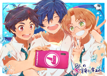 3boys air_bubble aoya_(ayoyame18) azuma_sara blue_hair bubble cellphone character_charm charm_(object) collared_shirt green_eyes grin hand_on_another's_shoulder happy highres holding holding_phone jinnai_enta kuji_toi male_focus multiple_boys necktie open_mouth phone round_eyewear sarazanmai scene_reference selfie shirt short_hair smartphone smile striped_necktie underwater v wet wet_hair white_shirt yasaka_kazuki