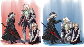 1girl 2boys anger_vein armor black_dress black_gloves blue_eyes dress fate/grand_order fate_(series) gauntlets gloves grey_eyes grey_hair hat highres holding holding_sword holding_weapon kriemhild_(fate) kriemhild_(first_ascension)_(fate) long_hair armored_boots multiple_boys pauldrons pointing red_eyes scolding seiza shoulder_armor sieg_(fate) siegfried_(fate) sitting substance20 sword vest weapon