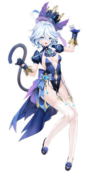 1girl absurdres ahoge alternate_costume asymmetrical_gloves black_gloves black_shoes blue_eyes blue_hair breasts cat_tail drop-shaped_pupils full_body furina_(genshin_impact) garter_straps genshin_impact gloves hair_between_eyes hands_up hat heterochromia highres janload1ng mismatched_gloves mismatched_pupils navel open_mouth shoes short_hair simple_background smile solo symbol-shaped_pupils tail thighhighs top_hat white_background white_gloves white_thighhighs