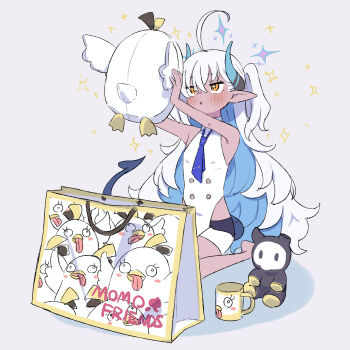 +_+ 1girl absurdres ahoge bag bare_shoulders blue_archive blue_hair blue_necktie commentary_request cup dark-skinned_female dark_skin demon_horns demon_tail grey_background highres holding holding_stuffed_toy horns long_hair mug necktie orange_eyes peroro_(blue_archive) pointy_ears shopping_bag simple_background skullman_(blue_archive) sleeveless solo stuffed_animal stuffed_toy sumomo_(blue_archive) tail take_mawile white_hair