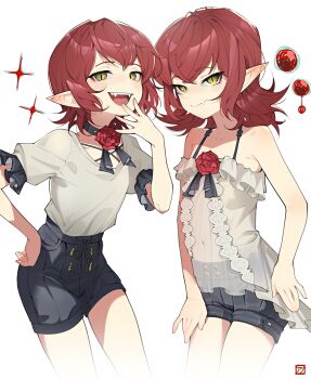 2girls :d absurdres anomarasu bare_arms bare_legs bare_shoulders black_choker black_shorts choker collarbone commentary cowboy_shot fang fang_out fangs flat_chest flower_choker hand_to_own_mouth highres looking_at_viewer medium_hair multiple_girls navel open_mouth original pointy_ears red_hair ribbed_shorts see-through_clothes shirt short_shorts short_sleeves shorts simple_background skin_fang slit_pupils smile sparkle symbol-only_commentary teeth upper_teeth_only white_background white_shirt yellow_eyes
