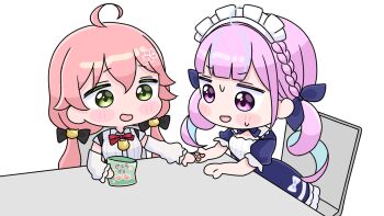 2girls :d ahoge blue_dress blue_hair blue_ribbon blush_stickers braid candy chair chibi detached_sleeves dress food green_eyes hair_between_eyes hair_ribbon heart highres hololive long_hair long_sleeves low_twintails maid_headdress minato_aqua minato_aqua_(1st_costume) mochimiko multicolored_hair multiple_girls official_alternate_costume on_chair open_mouth pink_hair puffy_long_sleeves puffy_short_sleeves puffy_sleeves purple_eyes ribbon sakura_miko sakura_miko_(casual) shirt short_sleeves simple_background sitting smile streaked_hair sweat table twintails two-tone_hair very_long_hair virtual_youtuber white_background white_shirt white_sleeves yurie_mouth