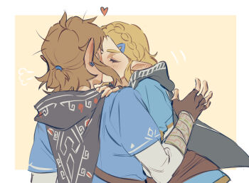 1boy 1girl blue_tunic braid brown_gloves closed_eyes commentary earrings fingerless_gloves gloves hetero highres hood hood_down jewelry kiss link nintendo pointy_ears ponytail princess_zelda short_ponytail sidelocks sumooo_(ga_ilil) symbol-only_commentary the_legend_of_zelda the_legend_of_zelda:_breath_of_the_wild tunic