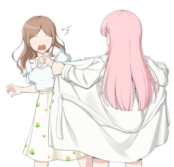 Rule 34 | 2girls, anglediana, bang dream!, bang dream! it's mygo!!!!!, chihaya anon, coat, commentary request, flashing, floral print, highres, jewelry, long hair, multiple girls, nagasaki soyo, necklace, open clothes, open coat, pink hair, shirt, sidelocks, simple background, white background, white shirt