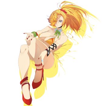 1girl absurdres bikini bleach bleach:_brave_souls bleach:_sennen_kessen-hen breasts cleavage closed_mouth hair_between_eyes hair_ornament highres initialdkirby large_breasts long_hair looking_at_viewer matsumoto_rangiku orange_hair simple_background solo swimsuit white_background