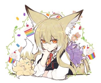 1girl ahoge animal_ears animalization arknights black_vest commentary fox fox_ears fox_girl long_hair necktie orange_eyes shirt suzuran&#039;s_father_(arknights) suzuran_(arknights) symbol-only_commentary tail vest vulpisfoglia_(arknights) wang_0w0 white_shirt