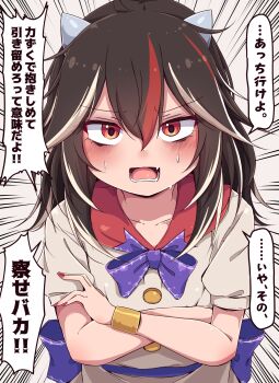 1girl blush bow bowtie brown_hair collarbone commentary_request cone_horns dress grey_horns highres horns kijin_seija looking_at_viewer multicolored_hair open_mouth puffy_short_sleeves puffy_sleeves purple_bow purple_bowtie red_eyes red_hair red_nails short_sleeves siw0n small_horns solo speech_bubble streaked_hair sweat touhou translation_request white_dress white_hair