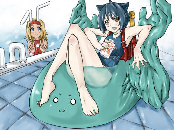 2girls :3 animal_ears aq_interactive arcana_heart arcana_heart_2 backpack bag blonde_hair blue_eyes blue_hair blush bottle breasts catherine_kyoubashi collarbone daidouji_kira double_v examu feet full_body grin highres looking_at_viewer makai milk milk_bottle multiple_girls muscular one-piece_swimsuit pool rabbit_ears randoseru school_swimsuit short_hair sitting slime small_breasts smile swimsuit teeth v visor_cap yellow_eyes