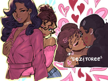 Rule 34 | 2girls, barbell piercing, black hair, blue pants, brown eyes, brown hair, character name, cheek press, choker, cinnabarbie, closed eyes, collarbone, commentary, dark-skinned female, dark skin, double bun, ear piercing, earrings, english commentary, face piercing, green eyes, hair between eyes, hair bun, hair ornament, hairclip, hand on another's hand, hand up, heart, industrial piercing, jewelry, kiss, lipstick mark, lipstick mark on face, long hair, mole, mole under eye, multiple girls, multiple views, necklace, nose piercing, one eye closed, original, pants, piercing, pink shirt, red lips, shirt, yuri