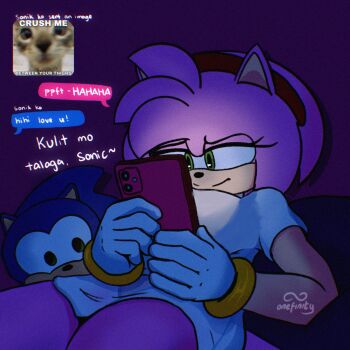amy_rose bare_legs bed bedroom cellphone chat_log gloves green_eyes hairband legs medium_hair meme on_bed onefinitya pajamas phone pink_fur pink_hair sega smile sonic_(series) sonic_the_hedgehog stuffed_toy
