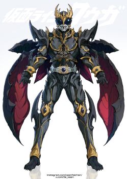 1boy absurdres arcle_(kuuga) armor belt black_armor black_eyes bodysuit compound_eyes gold_horns helmet highres horns kamen_rider kamen_rider_kuuga kamen_rider_kuuga_(series) kamen_rider_kuuga_(ultimate_form) keen_fai looking_at_viewer male_focus rider_belt shoulder_armor solo spikes standing tokusatsu