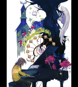 1other brown_hair building church clover_(deltarune) deltarune ferris_wheel highres instrument jaqratte kris_(deltarune) music object_focus piano playing_instrument playing_piano shirt sitting striped_clothes striped_shirt swatchling_(deltarune) tagme tree utdr_(toby_fox) white_background