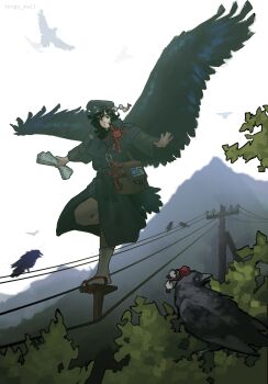 Rule 34 | 1girl, absurdres, bag, bird, bird wings, black coat, black eyes, black hair, black hat, black wings, coat, commentary, crow, forest, geta, gnom na korable, hat, highres, looking at viewer, mailbag, mailman, medium hair, mountain, nature, newspaper, pom pom (clothes), power lines, russian text, shameimaru aya, shoulder bag, socks, solo, tengu, tengu-geta, tokin hat, touhou, translated, utility pole, white socks, wings