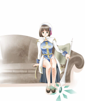 1girl arch_bishop_(ragnarok_online) black_shoes blue_dress blue_flower bob_cut breasts brown_hair closed_mouth commentary_request couch cross dress fishnet_thighhighs fishnets flower full_body green_eyes hat hat_flower highres holding holding_staff long_sleeves looking_at_viewer medium_breasts nachu pillow ragnarok_online sash shoes short_hair simple_background sitting smile solo staff tam_(ragnarok_online) thighhighs two-tone_dress white_background white_dress white_hat white_thighhighs yellow_sash