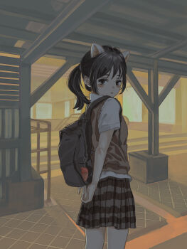 1girl :o animal_ears backlighting backpack bag bare_legs black_hair blurry brown_eyes brown_vest cat_ears commentary_request cowboy_shot crime_prevention_buzzer depth_of_field double-parted_bangs dusk expressionless from_behind highres kouroul looking_at_viewer looking_back medium_hair original outdoors own_hands_together platform pleated_skirt ponytail railing school_uniform shadow shirt short_sleeves sidelocks skirt solo stairs standing sunset sweater_vest urban vest white_shirt