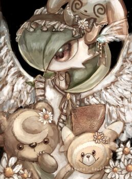 1girl @_@ artist_name black_hairband bob_cut brooch capelet character_doll clothed_pokemon colored_skin crescent daisy_(flower) doll doll_on_head feathered_wings female_focus flat_chest flower frilled_hairband frills gardevoir gem gen_2_pokemon gen_3_pokemon gen_7_pokemon green_hair hair_ornament hair_over_one_eye hairband highres holding holding_stuffed_toy jewelry looking_to_the_side neverland+ nintendo one_eye_covered pokemon pokemon_(creature) red_eyes short_hair signature solo spinda stuffed_animal stuffed_toy stufful teddiursa twitter_username white_capelet white_flower white_skin white_wings wing_hair_ornament wings yellow_gemstone