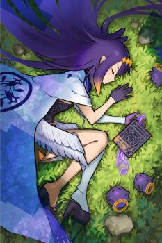 1girl ao-chan_(ninomae_ina'nis) black_dress book cloak closed_eyes closed_mouth commentary detached_sleeves diamond_hairband dress english_commentary enigmatic_recollection feet from_above gloves gradient_hair grass highres hololive hololive_english laaaw444 light_blush long_hair low_wings lying mole mole_under_eye multicolored_hair ninomae_ina'nis ninomae_ina'nis_(1st_costume) okobo on_side orange_hair platform_clogs platform_sandals pointy_ears purple_gloves purple_hair rock sandals single_detached_sleeve single_thighhigh sleeping smile solo takodachi_(ninomae_ina'nis) tentacle_hair thighhighs toes two-tone_hair very_long_hair virtual_youtuber white_cloak white_sleeves white_thighhighs wings