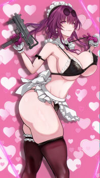 1girl alternate_costume breasts covered_erect_nipples eyewear_on_head gloves gun hair_between_eyes highres honkai:_star_rail honkai_(series) kafka_(honkai:_star_rail) large_breasts long_hair looking_at_viewer machine_gun pantyhose purple_eyes purple_gloves purple_hair round_eyewear saint_laurent_paris smile solo sunglasses weapon