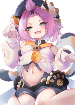 >:) 1girl :3 animal_ear_fluff animal_ears bangs_pinned_back beret black_shorts blush breasts cat_ears cat_girl cat_tail detached_sleeves diona_(genshin_impact) forehead genshin_impact gloves green_eyes hair_tie half-closed_eyes hands_up hat highres long_sleeves looking_at_viewer midriff multicolored_tail navel open_mouth paw_pose paw_print pink_hair pink_shirt puffy_detached_sleeves puffy_sleeves shirt short_hair shorts sitting small_breasts smile solo tail v-shaped_eyebrows wariza white_background white_gloves yuto177