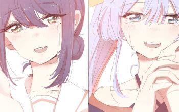 2girls blue_eyes blush cho_kaguya-hime! crying crying_with_eyes_open green_eyes grey_hair hair_between_eyes hand_on_another's_cheek hand_on_another's_face highres holding_hands long_hair mole mole_under_eye multiple_girls open_mouth runami_yachiyo sakayori_iroha sangdingting tears teeth twintails upper_teeth_only yuri