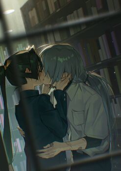 2boys absurdres backlighting bandaid bandaid_on_arm black_hair blurry blurry_foreground bookshelf bow breast_pocket chromatic_aberration closed_eyes collared_shirt from_outside from_side fubuki_(nige_jouzu_no_wakagimi) grey_hair hair_bow hair_intakes hair_over_eyes hand_on_another&#039;s_waist hands_on_another&#039;s_face highres houjou_tokiyuki_(nige_jouzu_no_wakagimi) kiss library light_particles male_focus multiple_boys nige_jouzu_no_wakagimi pocket profile scar scar_on_arm shirt shirt_tucked_in white_shirt window xiao_(creation0528) yaoi yellow_bow