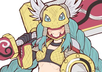 Rule 34 | 1girl, armor, black gloves, black tube top, blue hair, blush, braid, breasts, buckler, closed mouth, commentary request, covered eyes, digimon, digimon (creature), elbow gloves, facing viewer, gloves, greatsword, hair ribbon, helmet, helmet over eyes, highres, holding, holding sword, holding weapon, huge weapon, long hair, midriff, minervamon, over shoulder, partial commentary, ribbon, shield, shoulder pads, shutchi, simple background, small breasts, smile, solo, standing, strapless, sword, tress ribbon, tube top, twin braids, upper body, very long hair, weapon, weapon over shoulder, white background, winged helmet