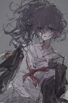 Rule 34 | 1girl, asahina mafuyu, black cardigan, black eyes, blood, blood on clothes, blood on face, blood on neck, cardigan, commentary, empty eyes, grey background, grey serafuku, grey skirt, hair ornament, hair scrunchie, hand up, highres, horror (theme), long hair, long sleeves, luyao, messy hair, miyamasuzaka girls' academy school uniform, neckerchief, off-shoulder cardigan, open cardigan, open clothes, orange scrunchie, parted lips, ponytail, project sekai, purple hair, red neckerchief, sailor collar, school uniform, scrunchie, serafuku, single off shoulder, sketch, skirt, solo, standing, untranslatable commentary, upper body, wavy hair, white sailor collar