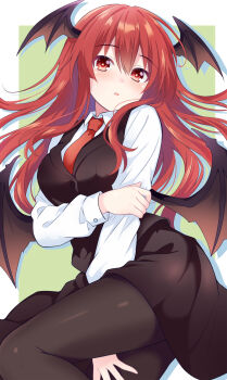 1girl bat_wings black_skirt black_vest commentary_request demon_girl hair_between_eyes head_wings highres koakuma light_blush long_hair long_sleeves looking_at_viewer medium_hair necktie pantyhose parted_lips red_eyes red_necktie shirt skirt skirt_set solo tanaka_shoushou_fumimaro touhou vest white_shirt wings