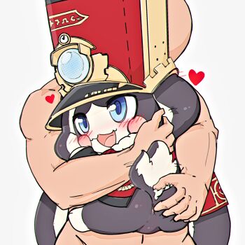 1boy 1other :3 absurdres anal_fingering animal_ears anus ass barefoot blue_eyes blush blush_stickers body_fur bottomless chromatic_aberration fingering from_behind furry furry_with_non-furry grabbing_another&#039;s_ass grey_background grey_fur groping happy hat heart highres honkai:_star_rail honkai_(series) hug interspecies jacket long_animal_ears long_sleeves null_bulge open_mouth pom-pom_(honkai:_star_rail) rabbit_ears rabbit_tail red_hat red_jacket red_leopard shako_cap short_tail simple_background size_difference smile solo_focus tail two-tone_fur white_fur