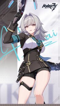 1girl black_shirt black_shorts breasts commentary copyright_logo english_commentary erdos_helia erdos_helia_(citrus_days) grey_eyes grey_hair hair_intakes highres holding holding_weapon honkai_(series) honkai_impact_3rd large_breasts logo looking_at_viewer medium_hair mole mole_under_eye official_alternate_costume official_art parted_lips shirt shorts solo thigh_strap thighs weapon zoom_layer