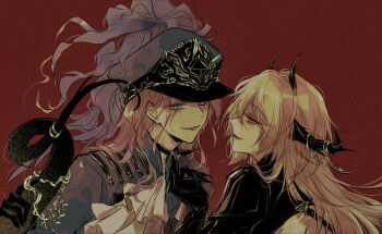 2girls :p ascot augustus_(path_to_nowhere) black_choker black_gloves blonde_hair blue_eyes blue_hat blue_jacket chinese_commentary choker choker_pull claws commentary eye_contact face-to-face gloves hat hat_ornament highres horn_ornament horns jacket kepi long_hair looking_at_another military_hat military_jacket military_uniform mitsukyou multiple_girls path_to_nowhere red_background red_eyes simple_background smile synex_(path_to_nowhere) tail tail_grab tail_ornament tongue tongue_out upper_body white_ascot