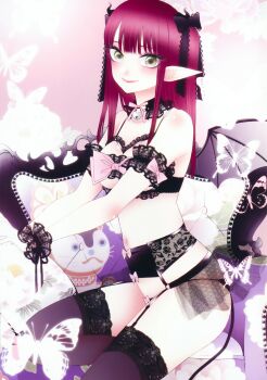 1girl bare_shoulders bat_wings black_bow black_bowtie black_choker black_horns black_thighhighs blush bow bowtie breasts bug butterfly cat_lingerie chair choker cleavage cosplay cuffs demon_tail demon_wings fake_horns fake_pointy_ears fake_tail fake_wings floral_background floral_print frilled_thigh_strap frills fukuda_shinichi garter_straps green_eyes highres horns insect kitagawa_marin long_hair looking_at_viewer medium_breasts midriff navel official_art on_chair pink_background pink_bow pink_bowtie pointy_ears red_hair rizu-kyun rizu-kyun_(cosplay) smile sono_bisque_doll_wa_koi_wo_suru tail thigh_strap thighhighs third-party_source wings wrist_cuffs