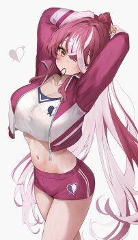 Rule 34 | 1girl, absurdres, alternate costume, arms behind head, arms up, breasts, cleavage, colored inner hair, commentary request, cropped jacket, cropped shirt, crossed bangs, hair over one eye, hair tie in mouth, high ponytail, highres, hololive, houshou marine, jacket, large breasts, long hair, looking at viewer, maison de cante, mouth hold, multicolored hair, navel, official alternate hairstyle, ponytail, red hair, red jacket, red shorts, shirt, short shorts, shorts, simple background, solo, stomach, tying hair, very long hair, virtual youtuber, white background, white hair, white shirt, white streaks, yellow eyes