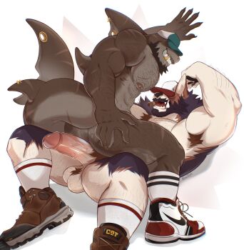 2boys abs absurdres arm_hair armpit_hair bara barbell_piercing beard ben_(shockjaws) boots borrowed_character caterpillar_(company) completely_nude connected_beard couple cowgirl_position drawreshi earrings facial_hair fins fish_tail full_beard furry furry_male furry_with_furry golden_tooth grabbing_own_ass grin hairy half-erect hat_over_eyes highres huge_eyebrows imminent_penetration jewelry large_pectorals large_penis male_focus mature_male multiple_boys muscular muscular_male mustache navel_hair nike_(company) nipples nude original pectorals penis piercing resh_(drawreshi) shark_boy shark_tail shoes short_hair smile sneakers socks stomach straddling tail testicles thick_beard thick_chest_hair thick_mustache thick_tail thick_testicle_hair thick_thighs thighs uncensored white_socks yaoi
