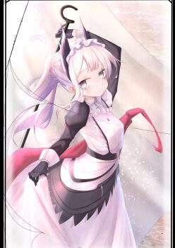 1girl absurdres ambience_synesthesia arknights arm_up black_gloves black_sleeves closed_mouth commentary dress earrings frills gloves grey_eyes highres holding irene_(arknights) irene_(voyage_of_feathers)_(arknights) jewelry juliet_sleeves long_hair long_sleeves looking_at_viewer maid maid_headdress noirl official_alternate_costume ponytail puffy_sleeves scar scar_across_eye scar_on_face skirt_hold solo standing white_dress white_hair